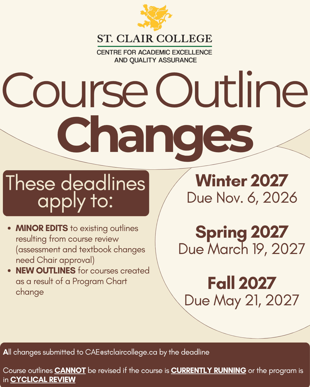 Course Outline Change Dates for 2026-27 showing the Winter 2027 due date as November 6, Spring 2027 due date as March 19 of 2027, and Fall 2027 due date as May 21