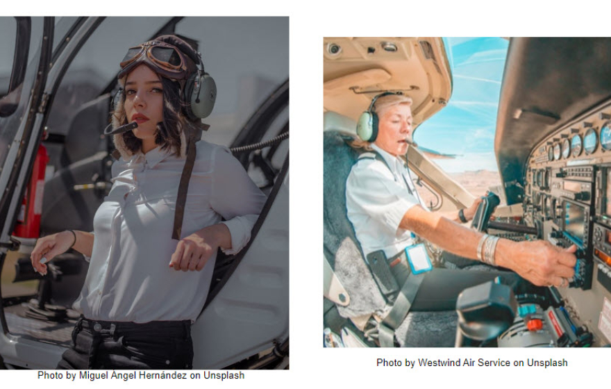 Two photos of female pilots. One in a model pose and one where the pilot is flying the plane