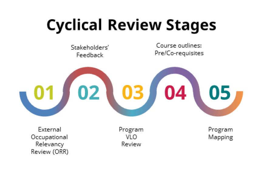 Cyclical Review Stages. #1 External Occupational Relevancy Review (ORR). #2 Stakeholders’ Feedback. #3 Program VLO Review #4 Course outlines: Pre/Co-requisites #5 Program Mapping.