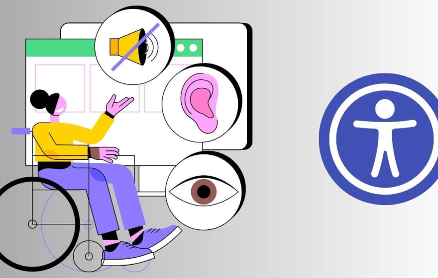 Black woman in a wheelchair pointing toward a large presentation screen with icons surrounding it of a sound off horn, an eye, and a brain.