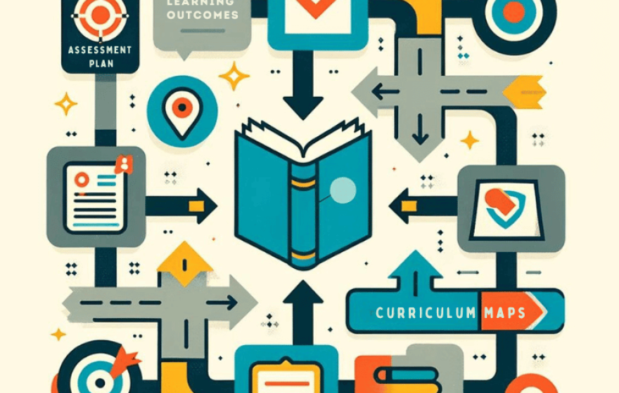 An infographic of curriculum mapping with images only of books, arrows, check marks.