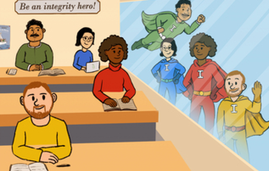 Be an integrity hero cartoon for ICAI day of action for academic integrity