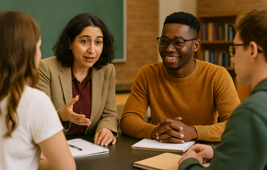 A small group of students and a professor sit together at a table in a classroom, engaged in an active discussion. Notebooks and pens are laid out in front of them as the professor gestures while speaking. The students listen attentively, leaning in toward the conversation. Bookshelves and a chalkboard are visible in the background, creating an academic setting.
