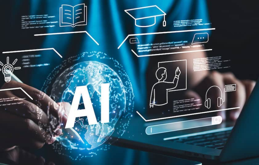 An up-close shot of a man holding a clear tablet with the word AI visible