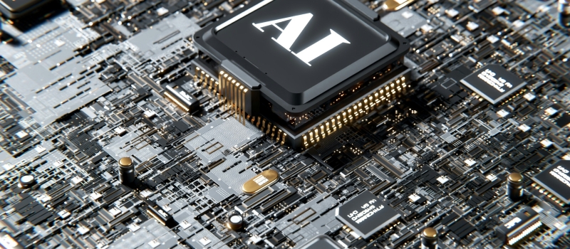 Computer motherboard with a chip saying AI