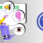 Black woman in a wheelchair pointing toward a large presentation screen with icons surrounding it of a sound off horn, an eye, and a brain.