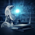 a robot standing in front of a stack of books with a drawing of a brain as a schematic diagram