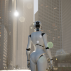 humanoid robot stands on a city street