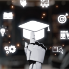 AI generated image of robot hand pointing to a graduation cap