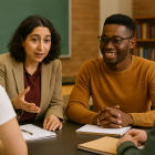 A small group of students and a professor sit together at a table in a classroom, engaged in an active discussion. Notebooks and pens are laid out in front of them as the professor gestures while speaking. The students listen attentively, leaning in toward the conversation. Bookshelves and a chalkboard are visible in the background, creating an academic setting.