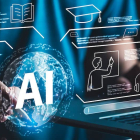 An up-close shot of a man holding a clear tablet with the word AI visible